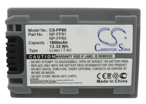 Sony DCR-30, DCR-DVD103, DCR-DVD105, DCR-DVD105E, DCR-DVD202E, DCR-DVD203, DCR-DVD203E, DCR-DVD205 Series Replacement Battery 1800mAh