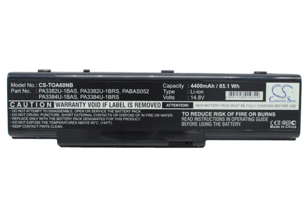 Toshiba Dynabook AW2, Dynabook AX/2, Dynabook AX/3, Satellite A60, Satellite A60-102, Satellite A60-106 Series Replacement Battery 4400mAh